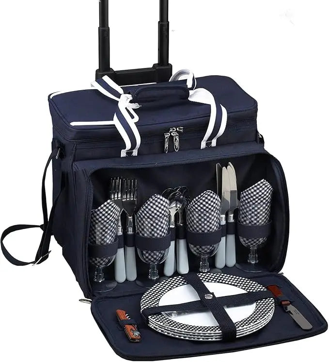 Original Insulated Picnic Cooler with Service for 4 on Wheels-Designed & Assembled in USA