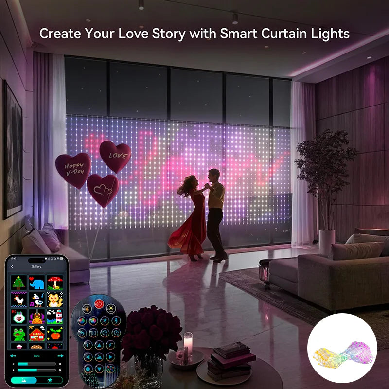 2PCS Smart Curtain Lights RGB Curtain String Lights with App Remote Music Sync Dynamic DIY for Indoor Outdoor Xmas Wall Decor