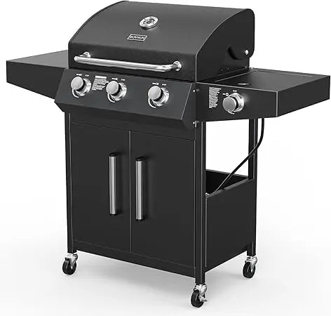 3-Burner Propane Gas BBQ Grill with Side Burner & Enameled Cast Iron Grates, 46,000 BTU Barbecue Grill with Wheels for Outdoor