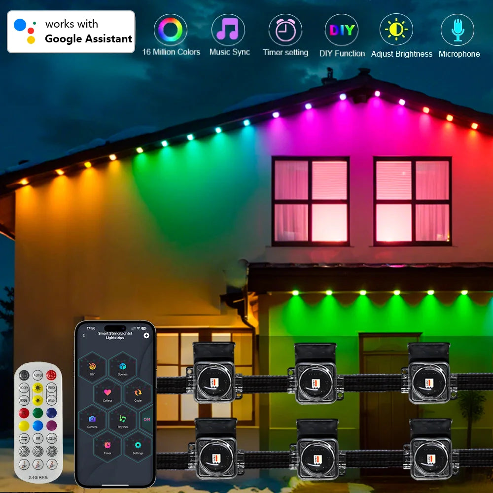 100FT 60LEDs Smart RGB Eaves LED Lights String Scene Modes Music Sync Timer IP67 Waterproof Home Christmas Halloween Decor Alexa
