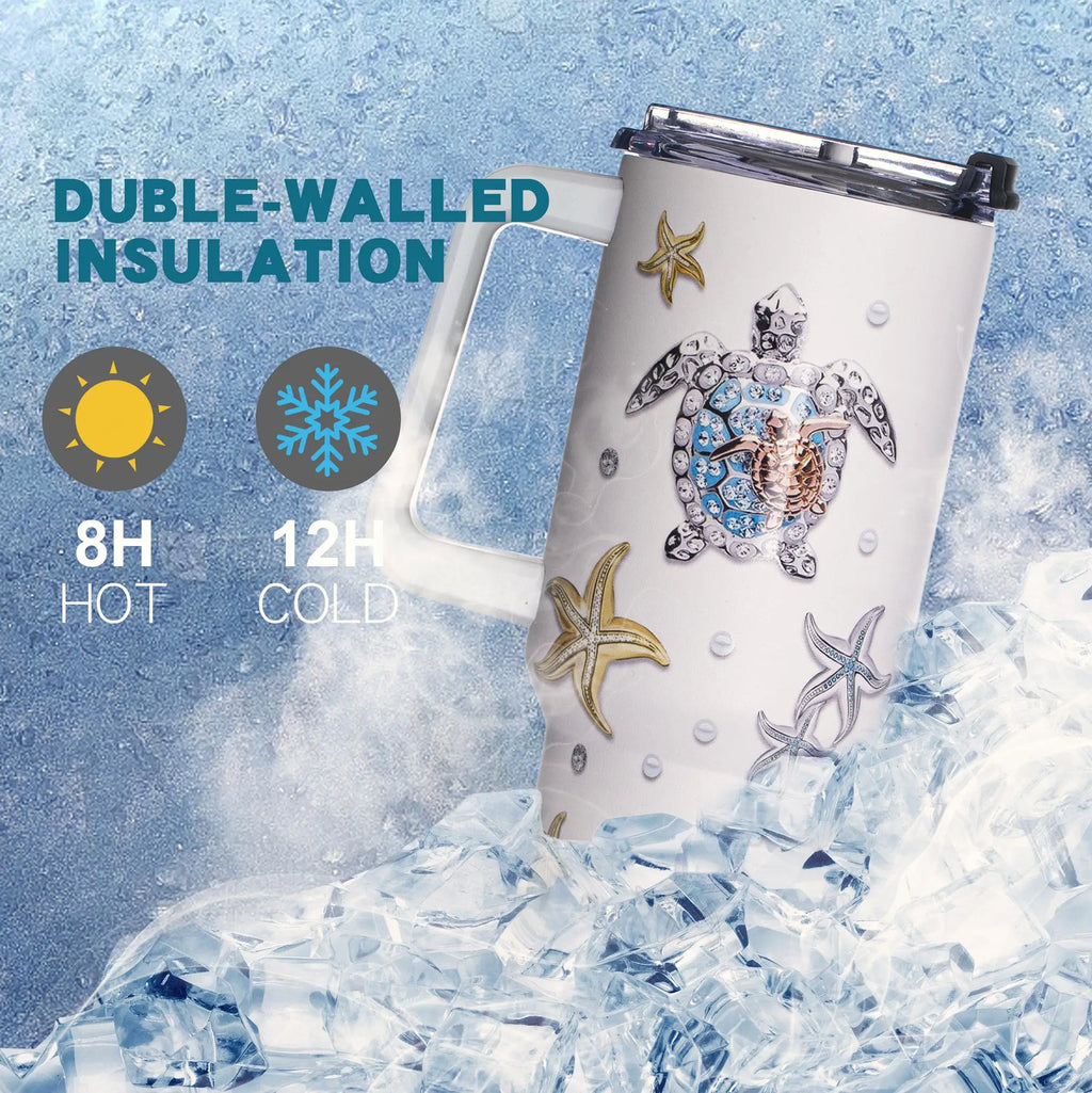 40oz Sea Turtle Stainless Steel Tumbler – Vacuum Insulated Travel Mug with 3D Ocean Print, Lid, Handle, Gift for Women
