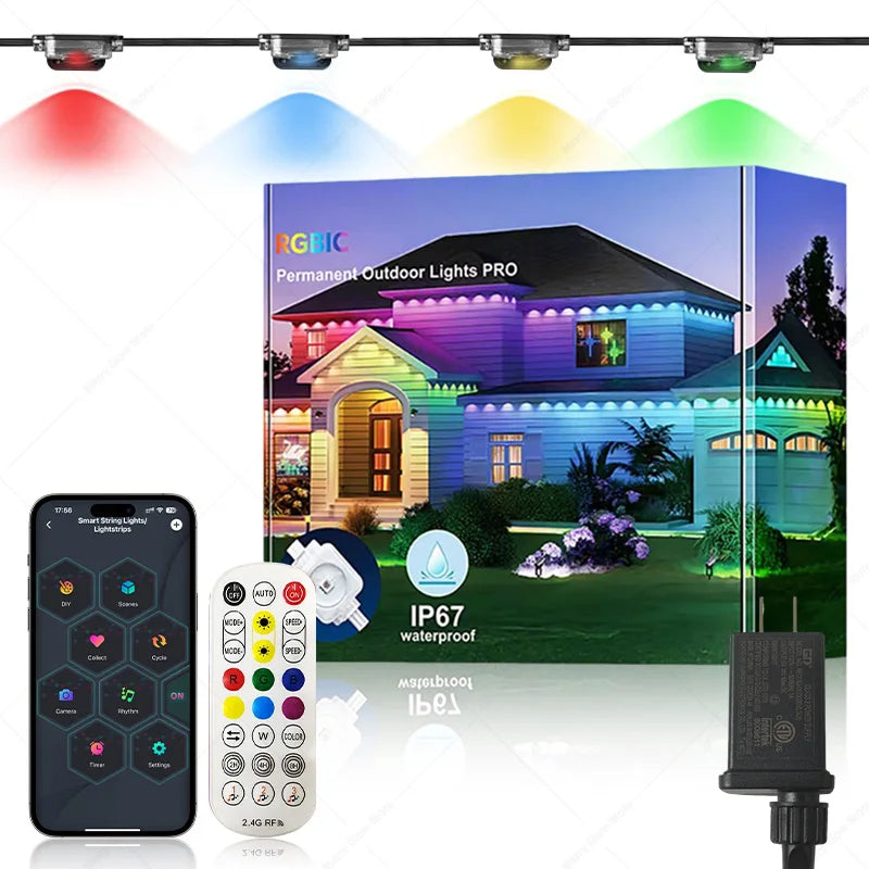 30M 60LEDs RGBIC Permanent Outdoor Eaves Lights Music Sync Timer IP67 Waterproof String Home Christmas Halloween Decor Alexa compatible