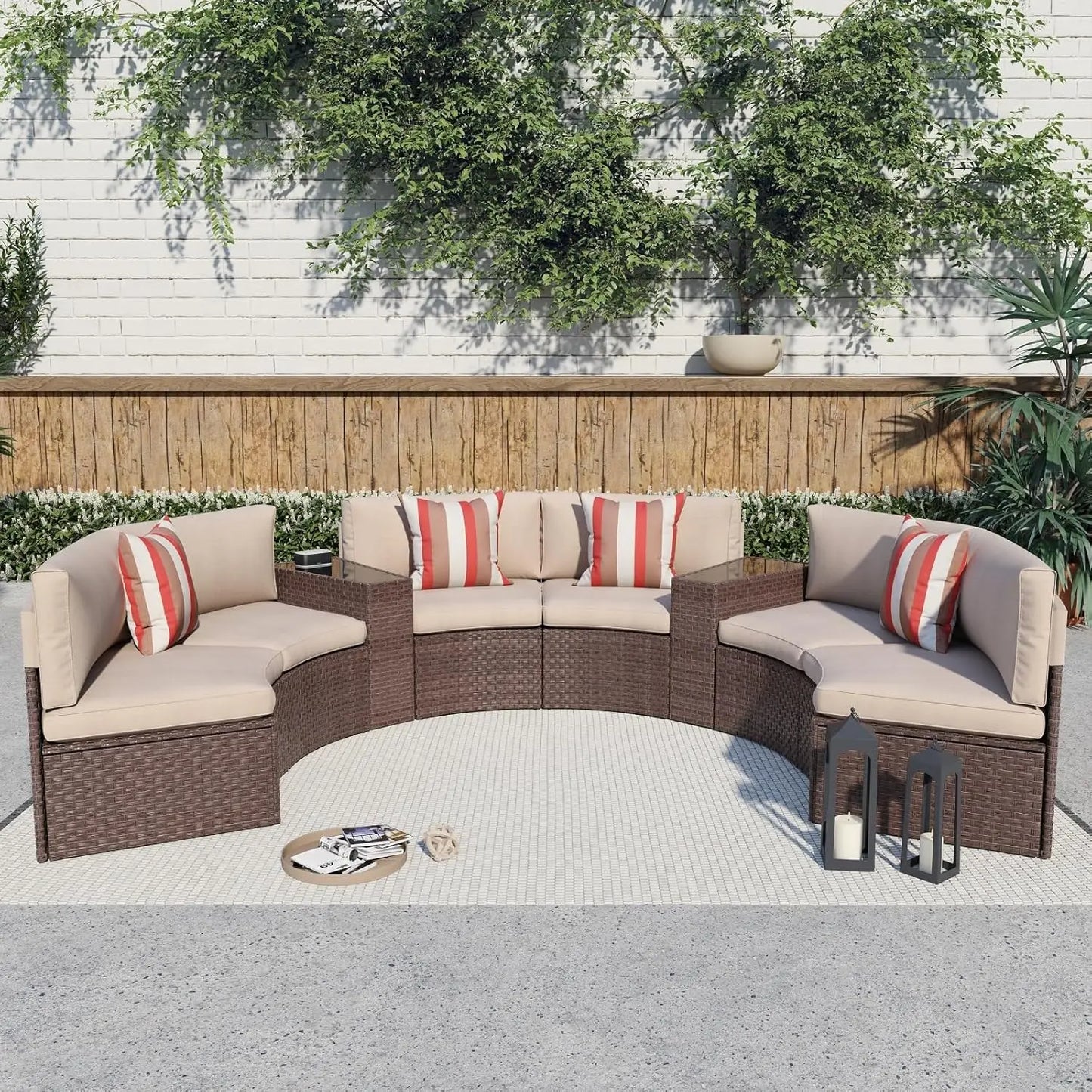 Outdoor Patio 8-Piece Half Moon Curved Furniture Sofa Set Brown Wicker Sectional Sofa Beige Cushions With 2 Side, Customized
