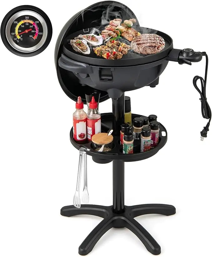 Electric Grill Outdoor, 1200W Electric BBQ Grills Outdoor Cooking With Lid & Thermometer, Nonstick Griddle, Drip Tray, 2