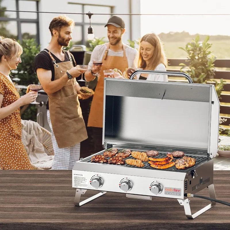 Gas Grill 3 Burners, Stainless Steel Portable Propane Grill with Foldable Legs for Outdoor Patio Backyard Camping, Tailgating