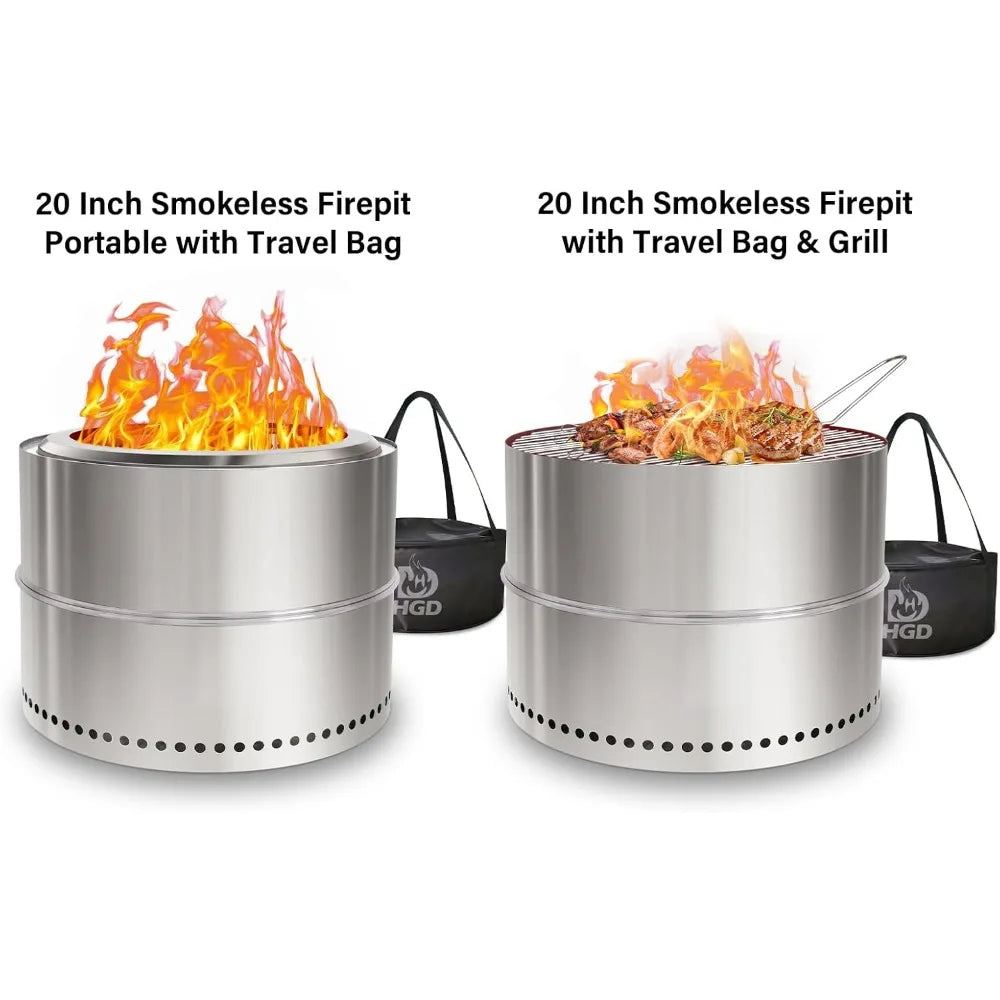 Portable Outdoor Smokeless Fire Pit, 20 Inch Diameter, Stainless Steel Wood Burning Campfire with Travel Bag, Ideal for Camping