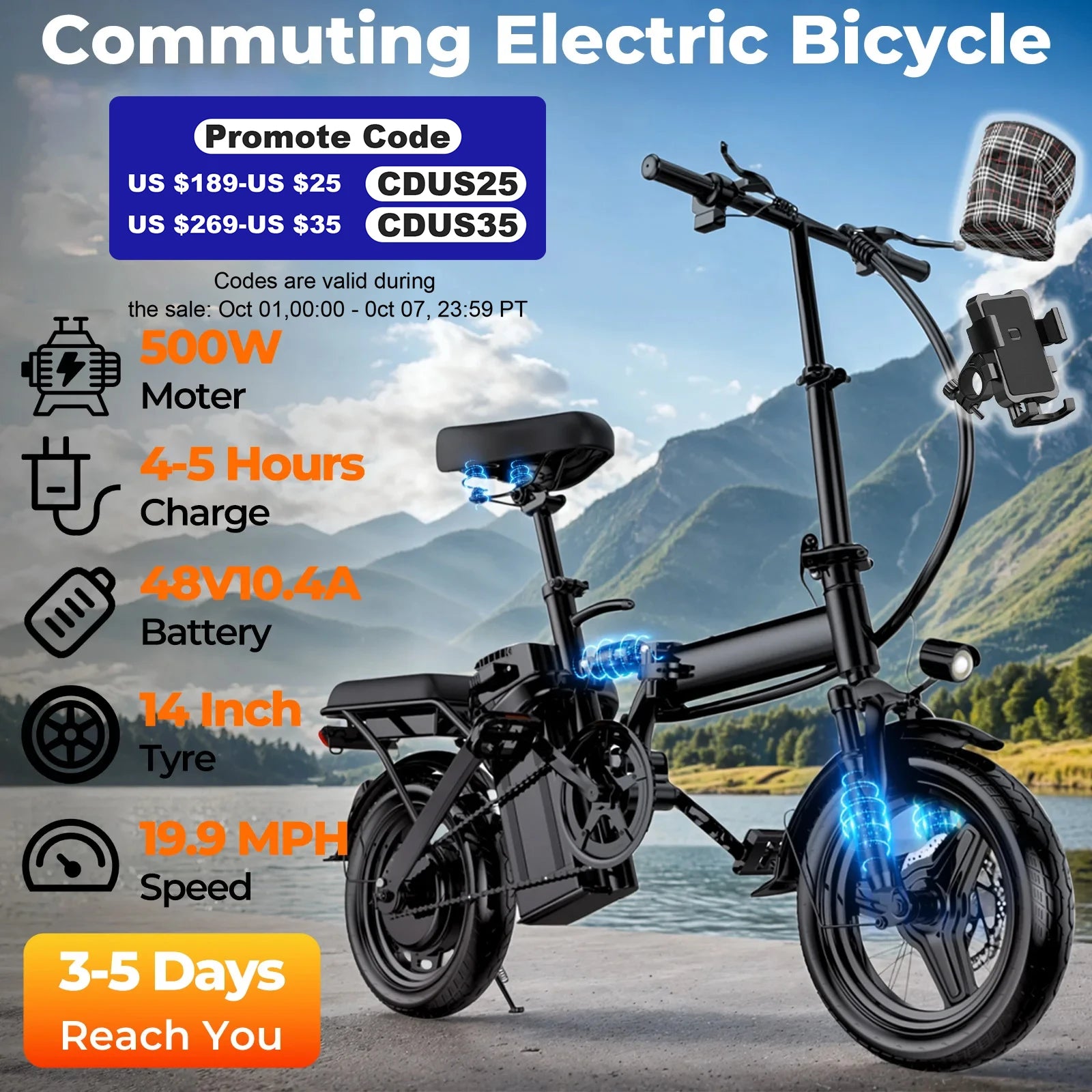 14-inch electric bike, easy to fold, adult commuter electric bike, 500W motor, removable battery, 20-mile maximum range