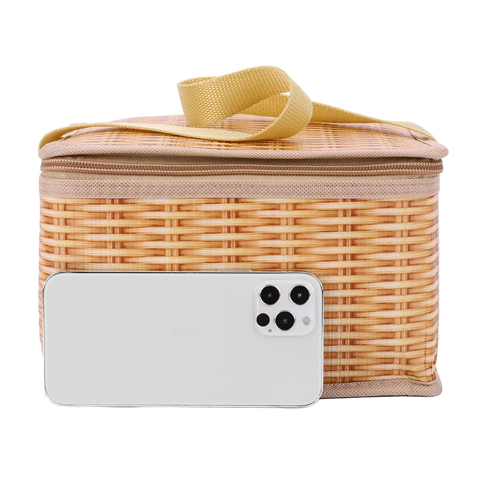 Thermal Cooler Outdoor Wicker Rattan Picnic Bag Wear Ressiatant Lunch Box Camping Baskets with Strap Zipper 22x14x12cm