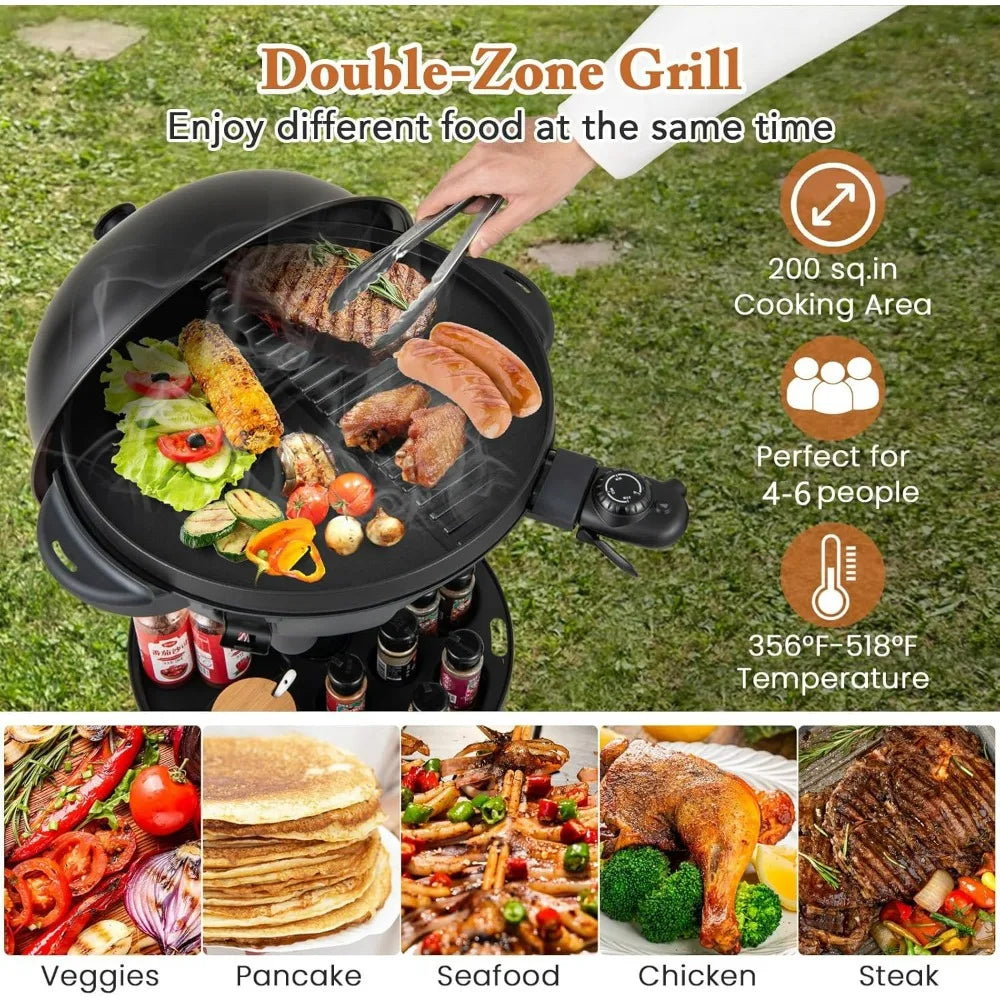 Electric Grill Outdoor, 1200W Electric BBQ Grills Outdoor Cooking With Lid & Thermometer, Nonstick Griddle, Drip Tray, 2