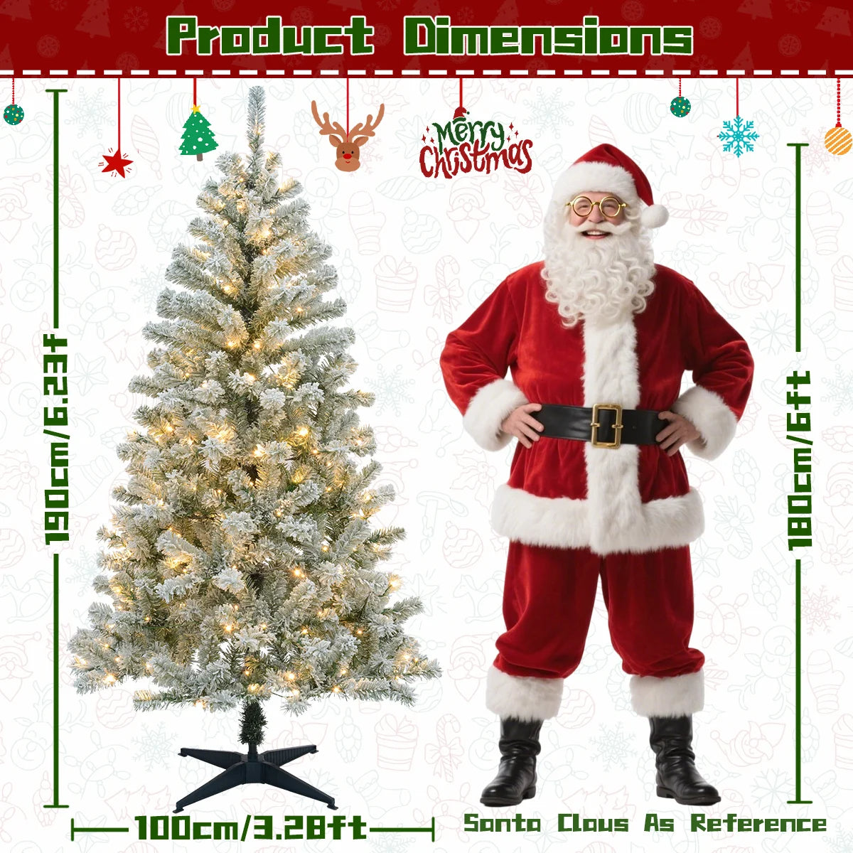 180cm/190cm Prelit Snow Flocked Artificial Christmas Tree Pop Up Christmas Decoration 100/200 Lights Party Home Decor Xmas Decor