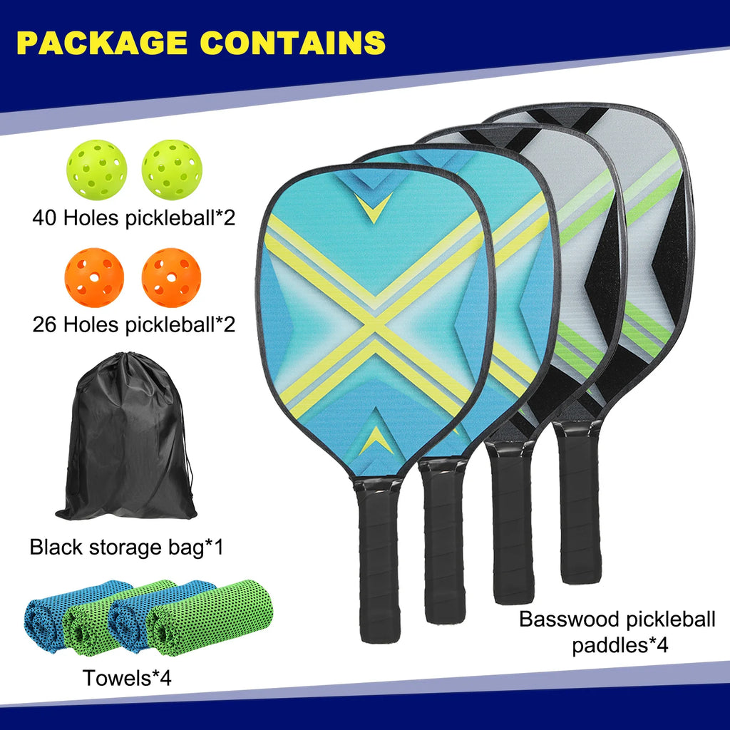 Pickleball Paddles Set with 4 Premium Wood Pickleball Rackets 4 Pickleball Balls 4 Cooling Towels a Carry Bag for Men Women