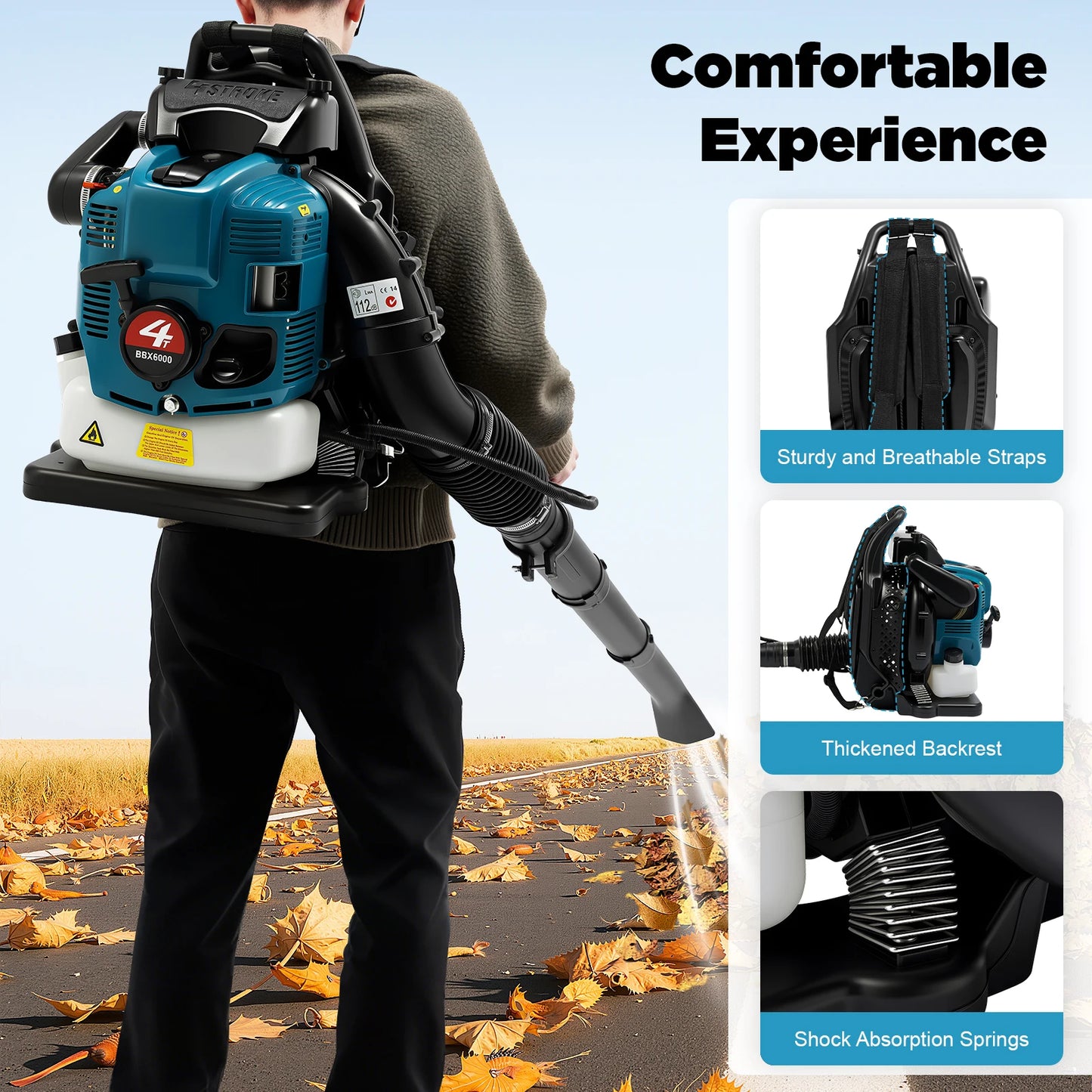 4-Stroke Backpack Leaf Blower 2.6kW Gas Powered Leaf Blower for Yard Lawn Debris Street Cleaning
