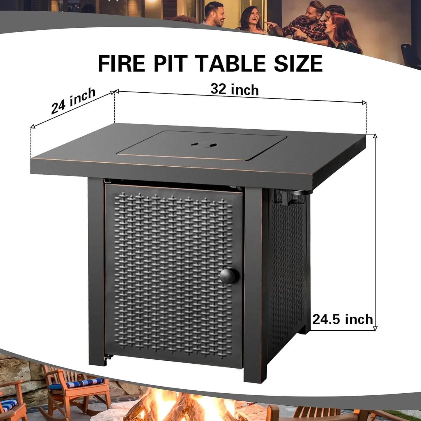32 Inch Propane Fire Pit Table, Outdoor Gas Fire Pits with 2 Drink Holders, Lid & Lava Rock, 50000 BTU Firepit for Dinning