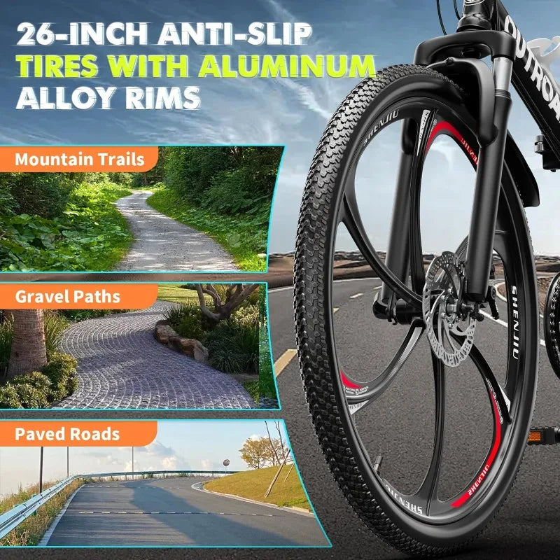 26 Inch Folding Mountain Bike, 21 Speed Full Suspension Bicycle with High-Carbon Steel, Dual Disc Brake Non-Slip Quick