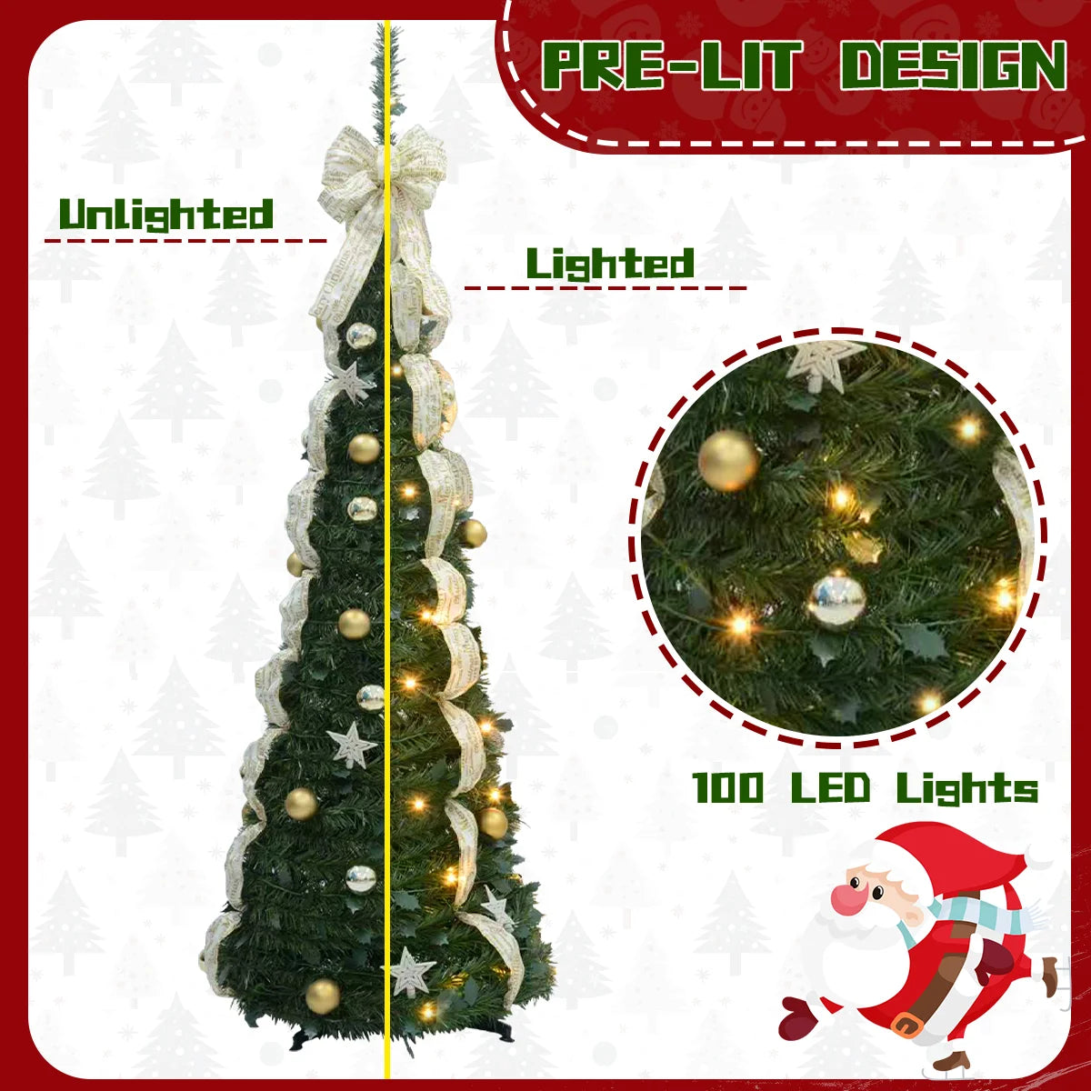 180cm/190cm Prelit Snow Flocked Artificial Christmas Tree Pop Up Christmas Decoration 100/200 Lights Party Home Decor Xmas Decor