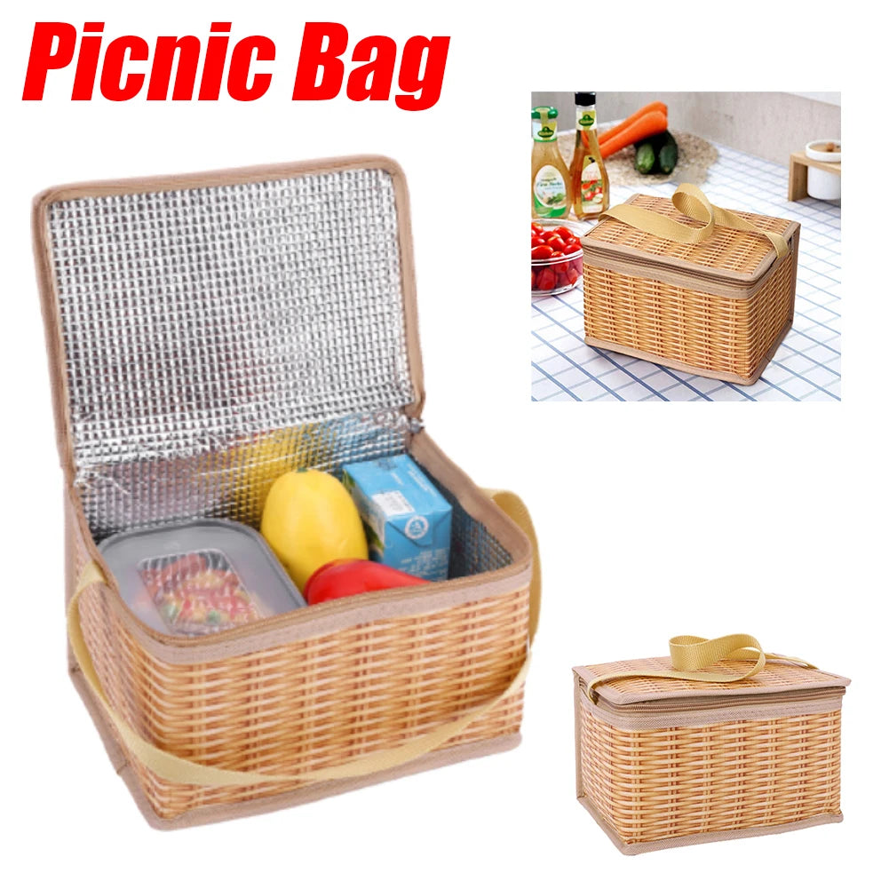 Thermal Cooler Outdoor Wicker Rattan Picnic Bag Wear Ressiatant Lunch Box Camping Baskets with Strap Zipper 22x14x12cm