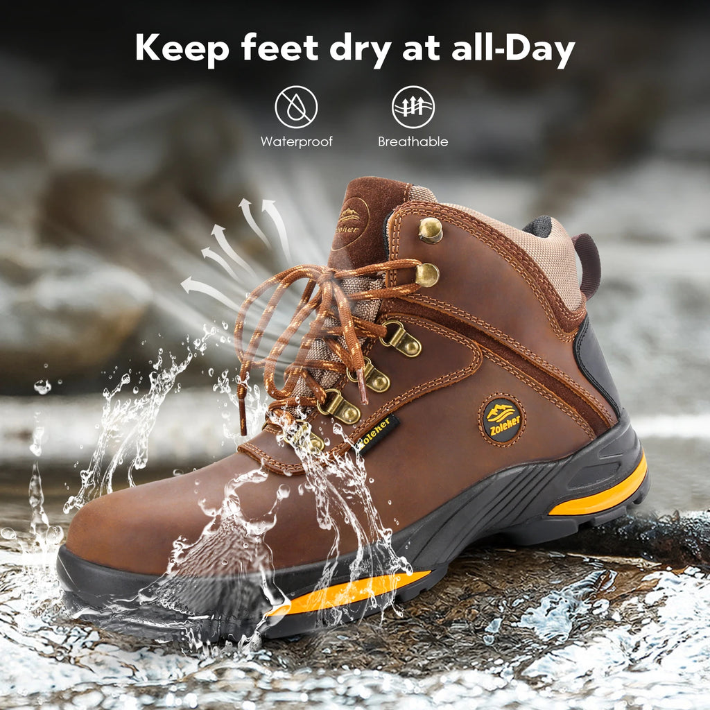 Hike Boots for Men,Soft Toe, Slip Resistant Safety Shoes, Waterproof Anti-Fatigue Brown