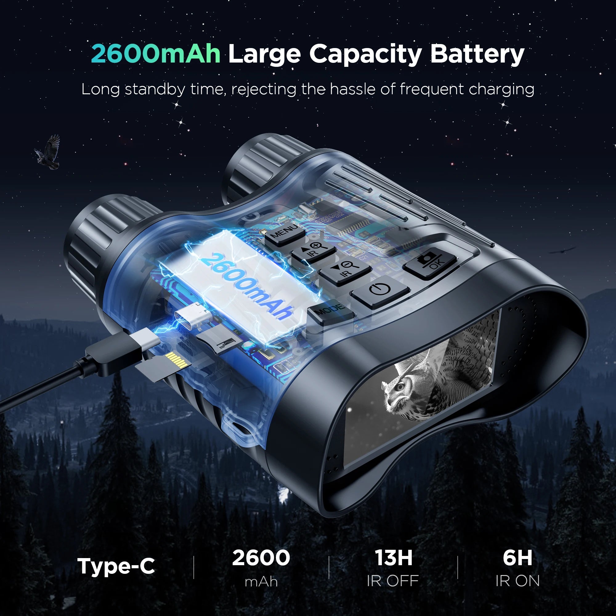 Rechargeable Night Vision Binoculars 8X Digital Zoom 2600mAh Full Darkness 400M Hunting Telescope 4K Infrared Nightvision Goggle