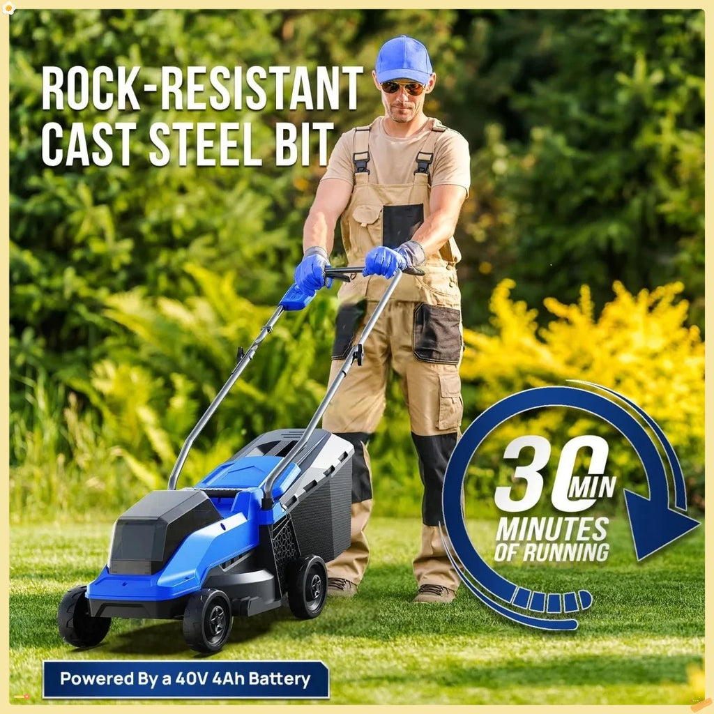 Electric Lawn Mower 40V Brushless 14" Cordless&Push, 5 Cutting Height Adjustment, 4Ah Battery and Super Charger, Blue
