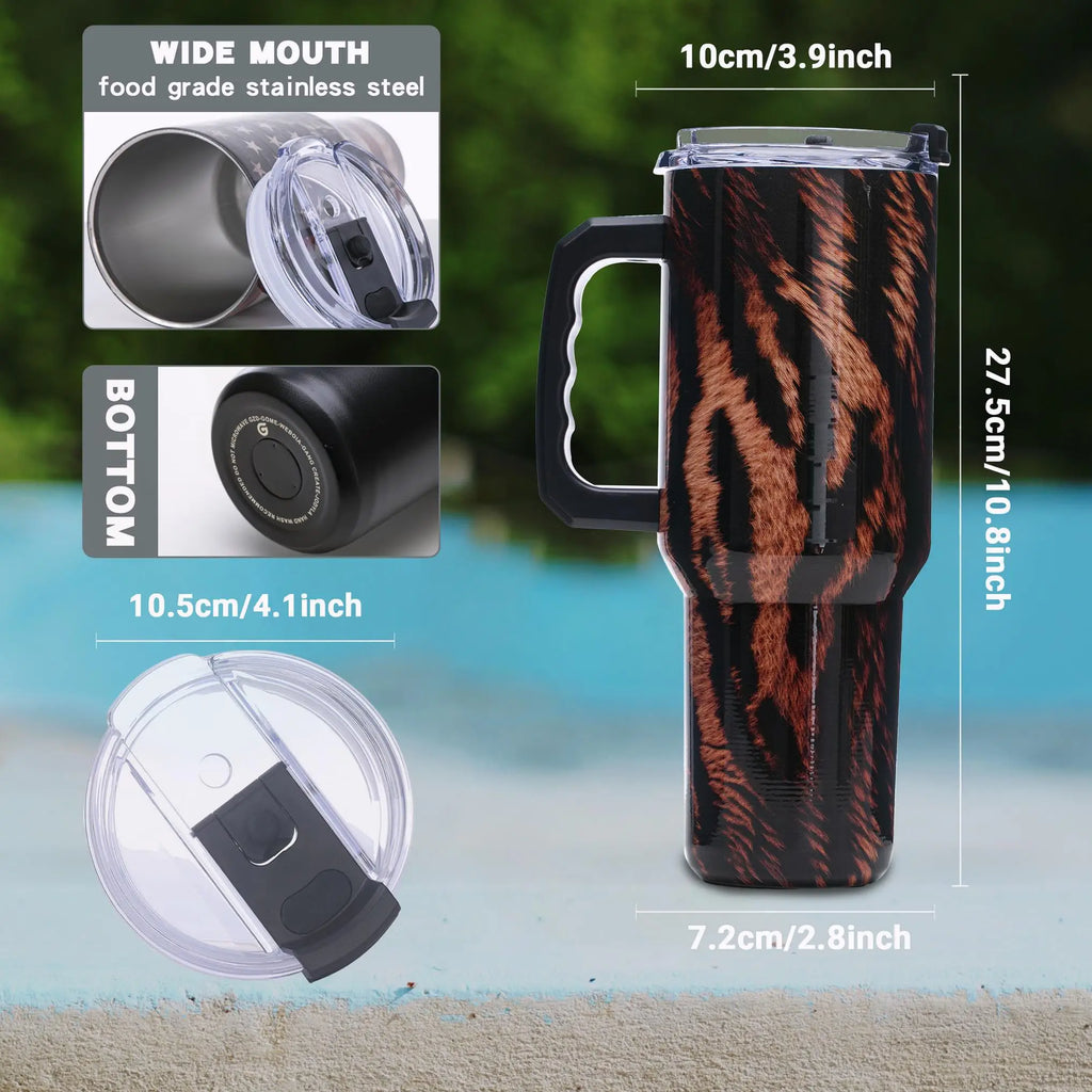 40oz Tiger Print Tumbler – Vacuum Insulated Stainless Steel Travel Mug with Leakproof Lid, Handle, Wide Mouth, BPA-Free