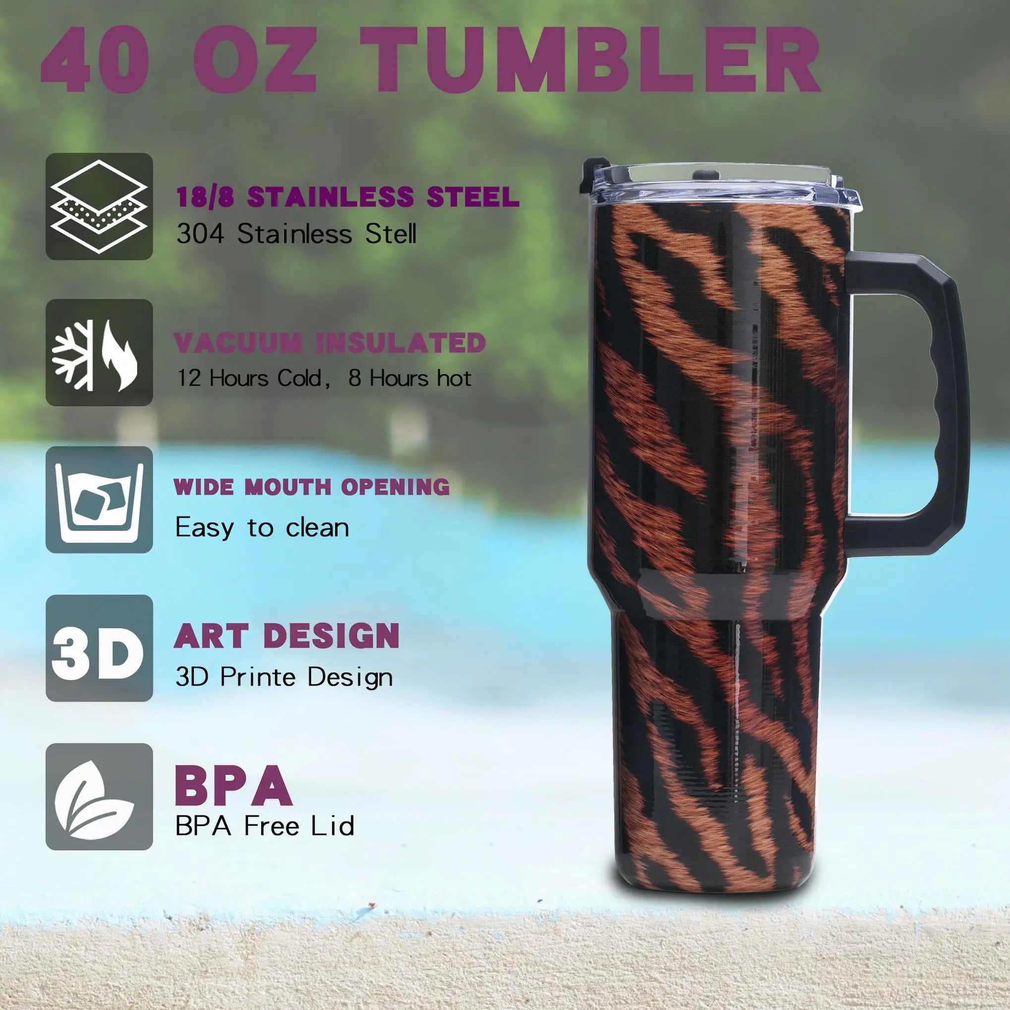 40oz Tiger Print Tumbler – Vacuum Insulated Stainless Steel Travel Mug with Leakproof Lid, Handle, Wide Mouth, BPA-Free