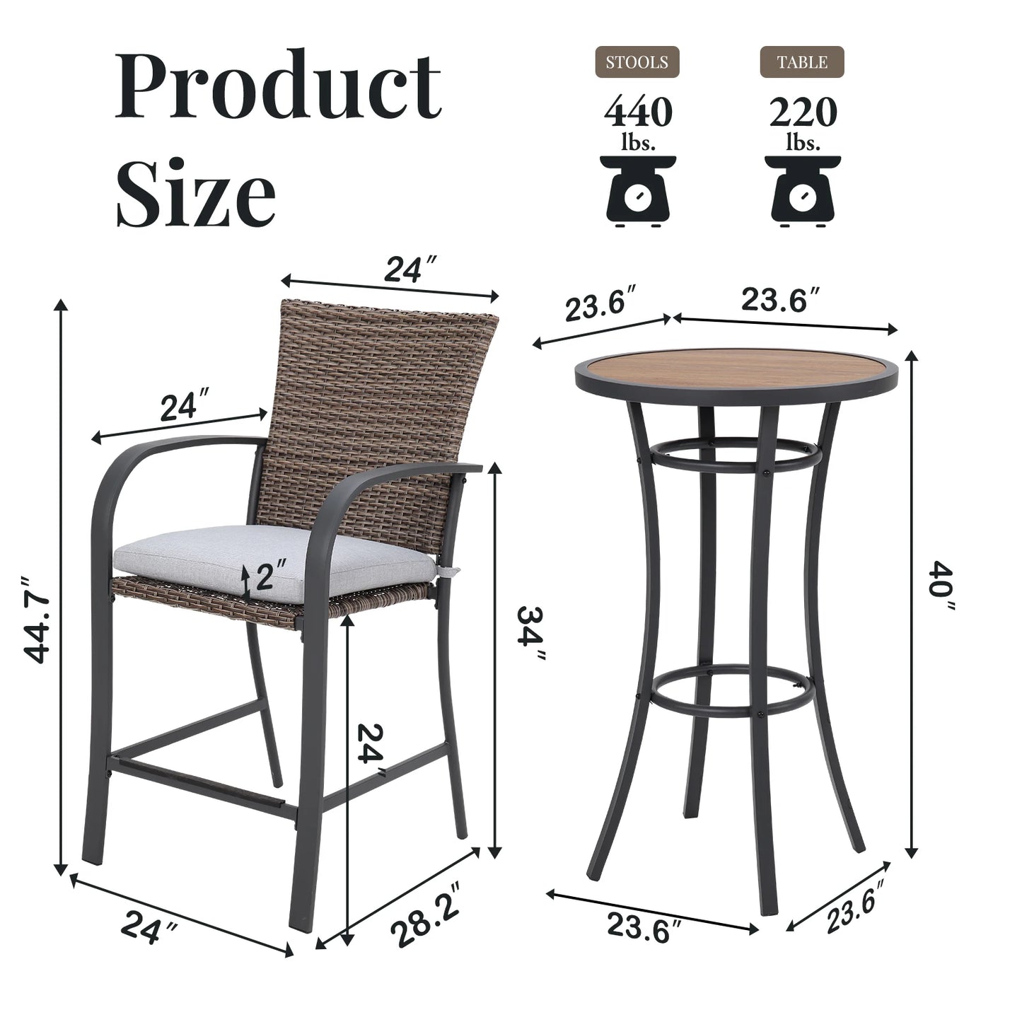 3pcs Patio Bar Set with Soft Cushion, Rattan Wicker Outdoor Furniture Set for Backyards, Lawn, Deck, Poolside