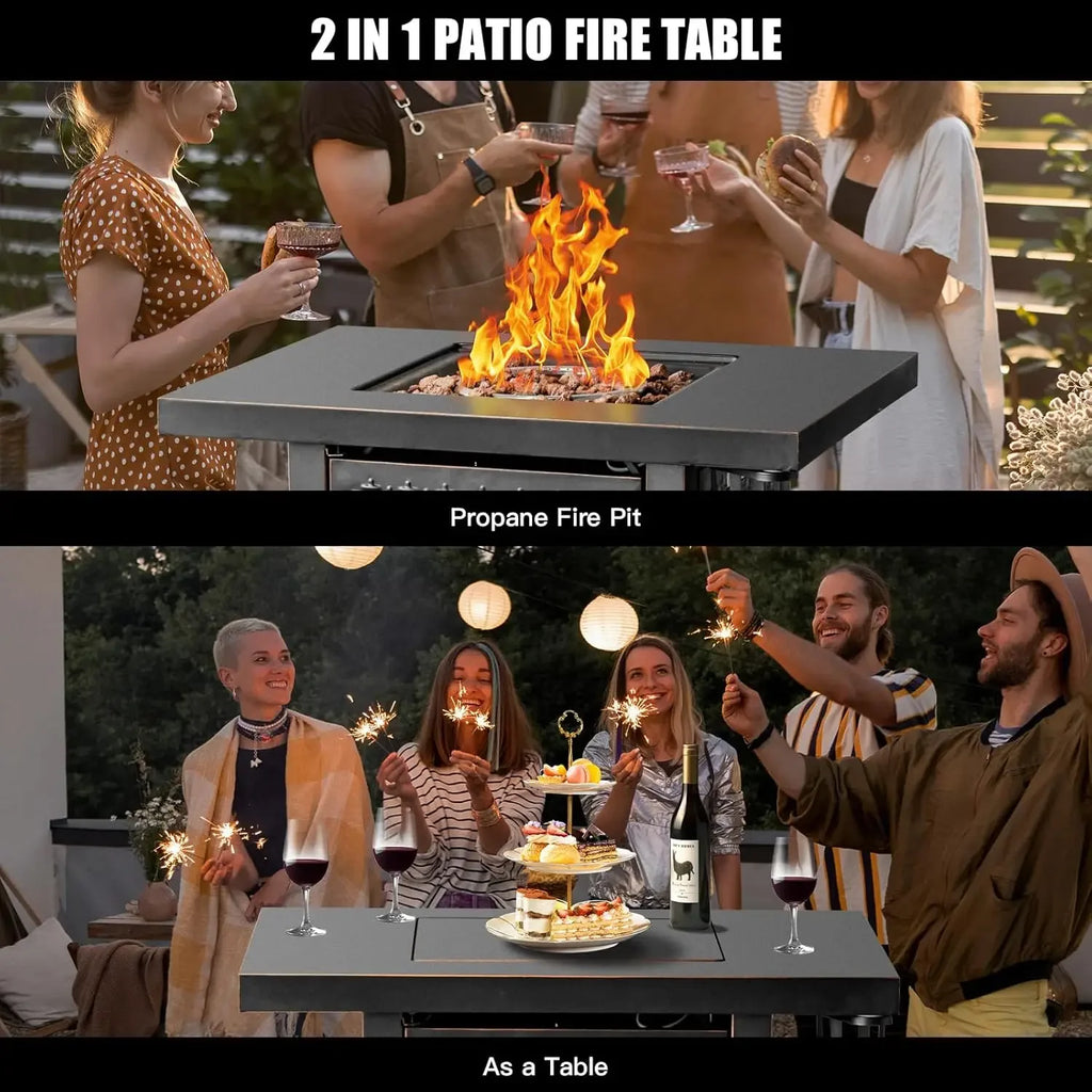 32 Inch Propane Fire Pit Table, Outdoor Gas Fire Pits with 2 Drink Holders, Lid & Lava Rock, 50000 BTU Firepit for Dinning