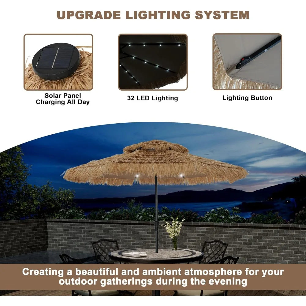 Hawaiian-Inspired Tiki Bar Patio Umbrella with Base, Tropical Beach Umbrella for Outdoor Poolside Use