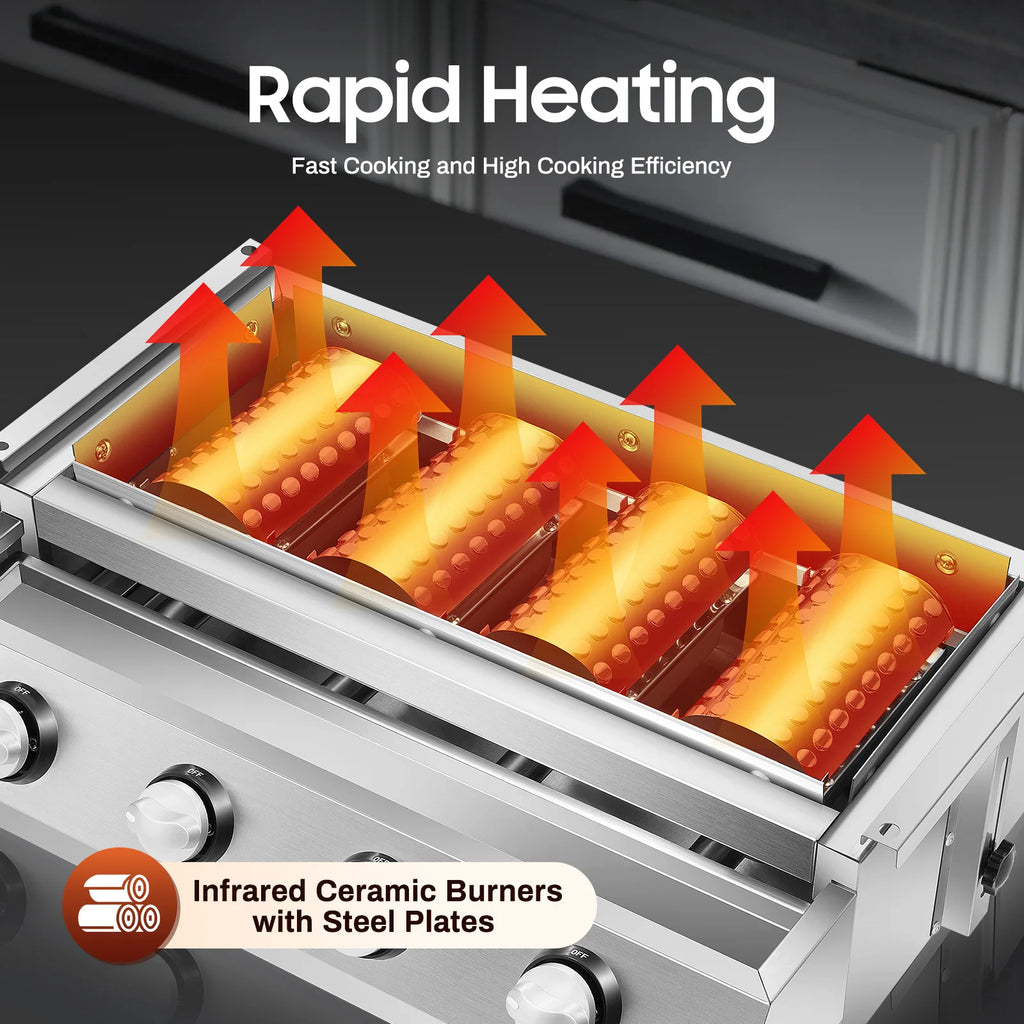 4 Burners BBQ Propane Gas Grill Stainless Steel Smokeless Barbecue Grill Portable BBQ Grill Removable for Outdoor Patio Garden