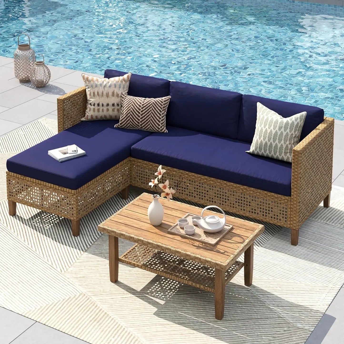 Sectional Outdoor Couch, Small Patio Furniture Set With Cushions And Acacia Wood Coffee Table, L-Shaped Wicker, Customized