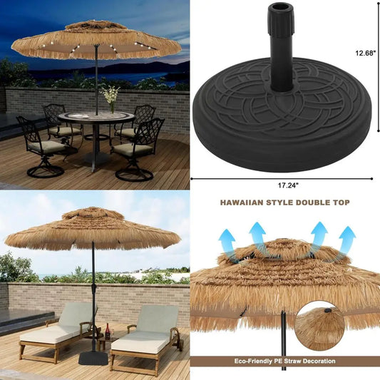 Hawaiian-Inspired Tiki Bar Patio Umbrella with Base, Tropical Beach Umbrella for Outdoor Poolside Use