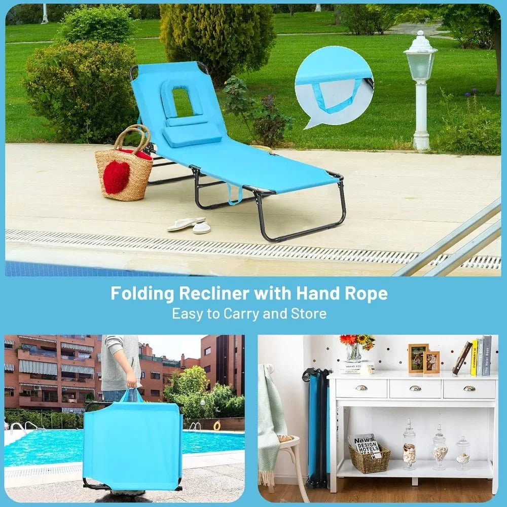 Outdoor Chaise Lounge Chair - Folding Beach Chair with 5 Adjustable Positions, Hole, Detachable Pillow, Hand Ropes