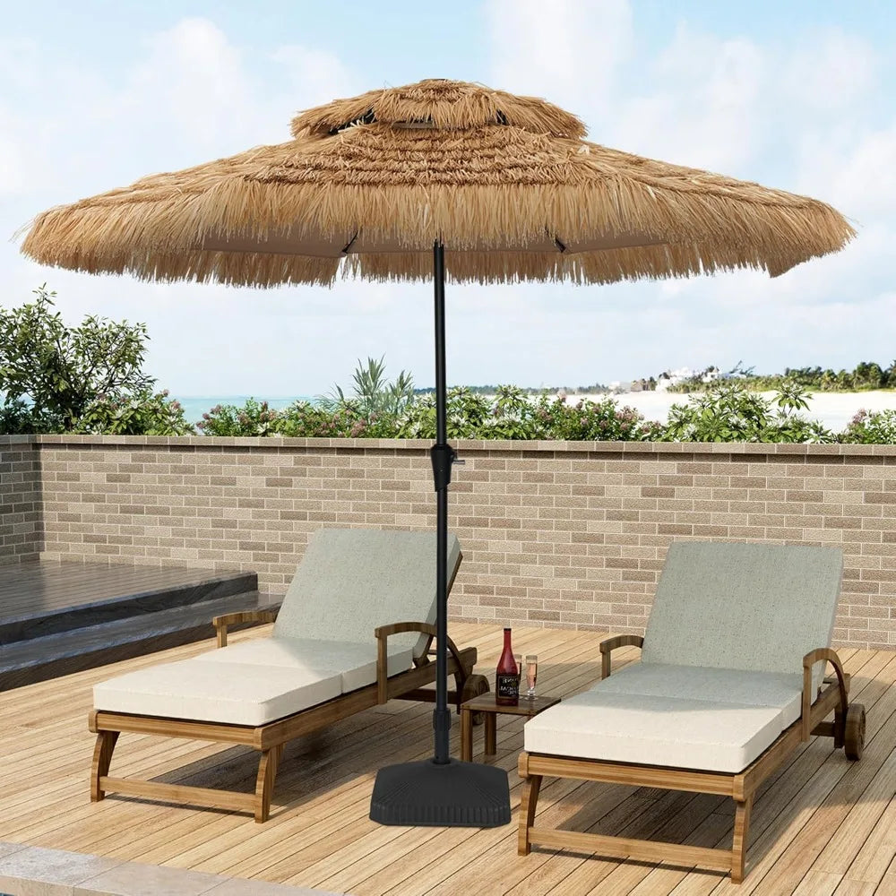 Hawaiian-Inspired Tiki Bar Patio Umbrella with Base, Tropical Beach Umbrella for Outdoor Poolside Use