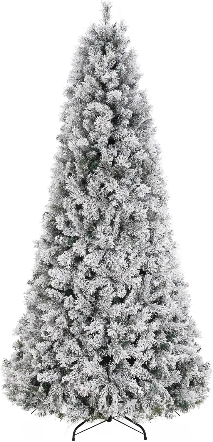 6/7.5 FT Christmas Tree with 200/300 Multicolor Led Lights, Prelit Snow Flocked Christmas Tree with Foldable Metal Base, 8 Light