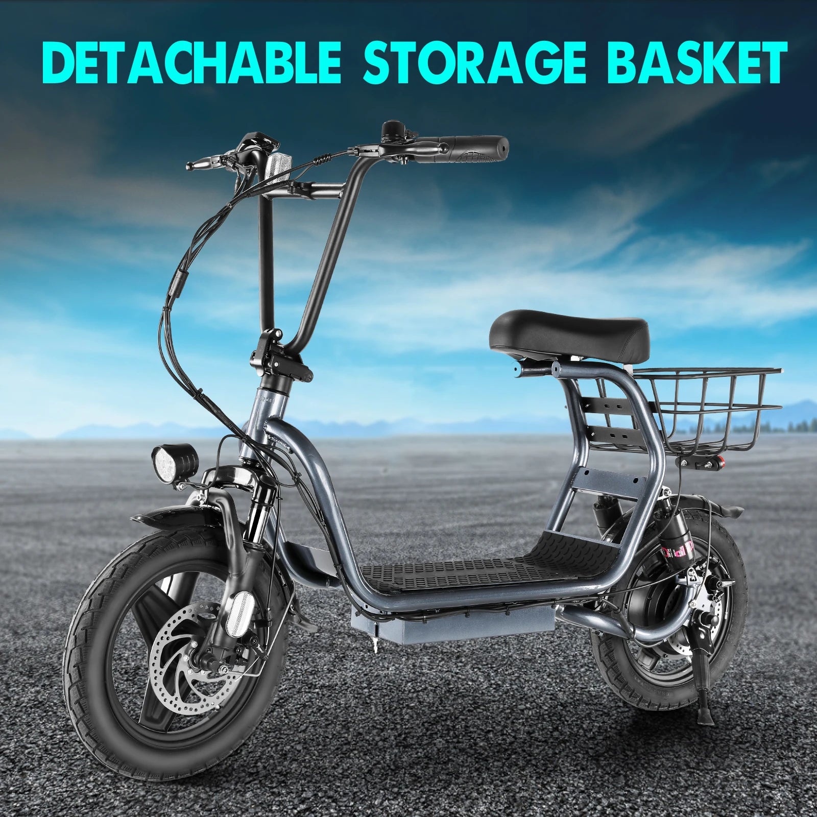 500W Electric Scooter with Seat, 14" Fat Tire, 500Wh Battery,25 Miles&20MPH, Foldable, with Basket & Shock Absorbing
