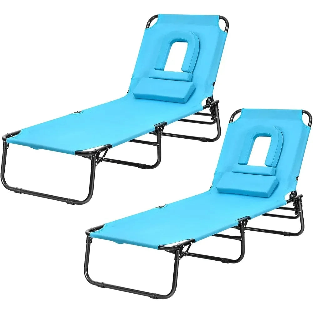 Outdoor Chaise Lounge Chair - Folding Beach Chair with 5 Adjustable Positions, Hole, Detachable Pillow, Hand Ropes