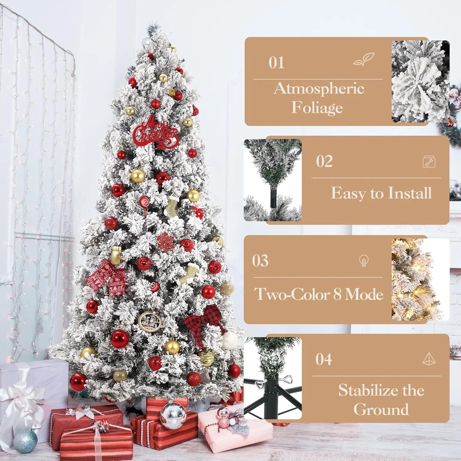 6/7.5 FT Christmas Tree with 200/300 Multicolor Led Lights, Prelit Snow Flocked Christmas Tree with Foldable Metal Base, 8 Light