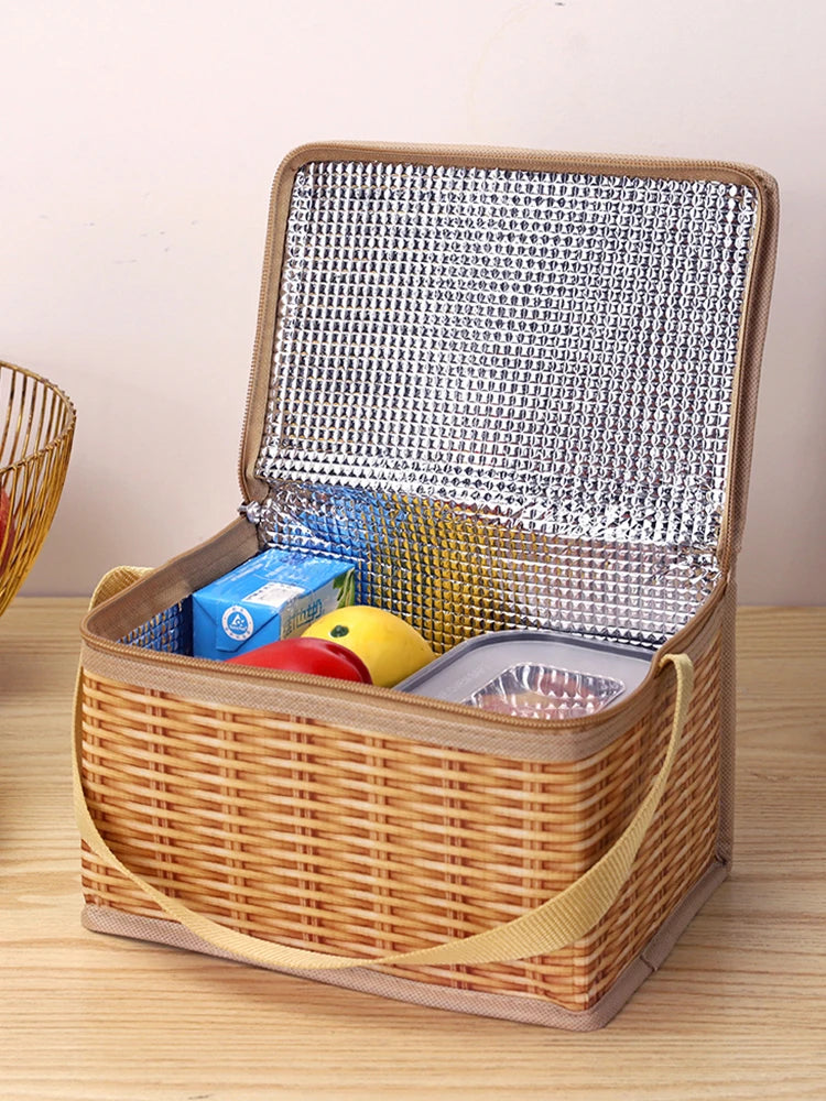 Thermal Cooler Outdoor Wicker Rattan Picnic Bag Wear Ressiatant Lunch Box Camping Baskets with Strap Zipper 22x14x12cm