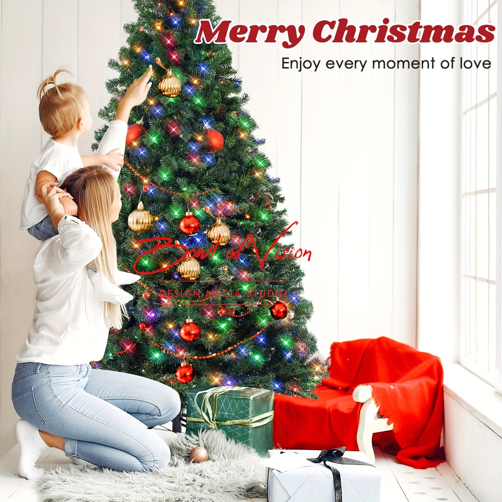 7.5FT Four-Color Lights Are Permanently Illuminated on a Natural Layered Spruce Christmas Tree, Ideal for Home And Office Decoration, Featuring 500 Lights, Model 1346, Essential for Christmas And Halloween Parties.