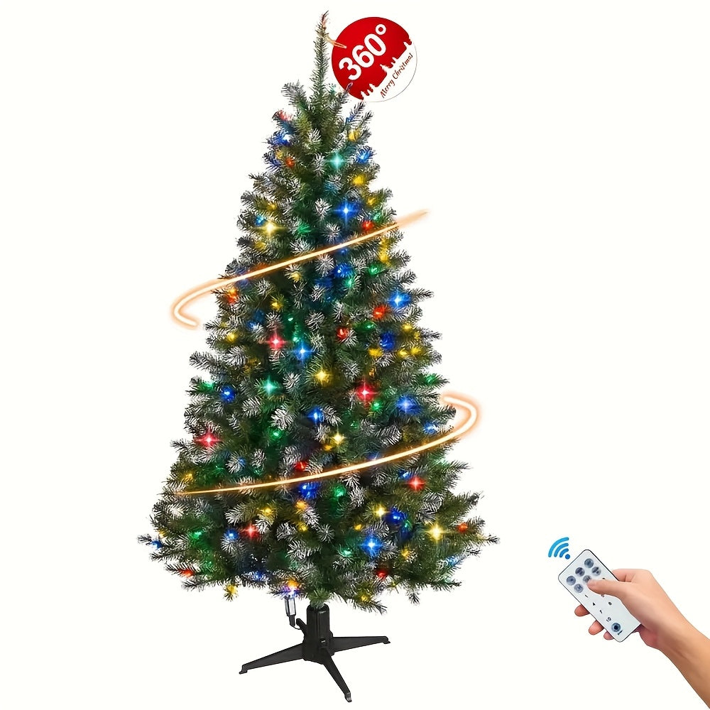 6.5ft Pre-Lit Snowy Pine Christmas Tree with 480 Branches & 200 Warm&Multi-color 11 Lighting Modes Christmas String Lights - Easy Assembly, 360° Rotating Stand Included - Ideal for Home & Office Festive Decoration