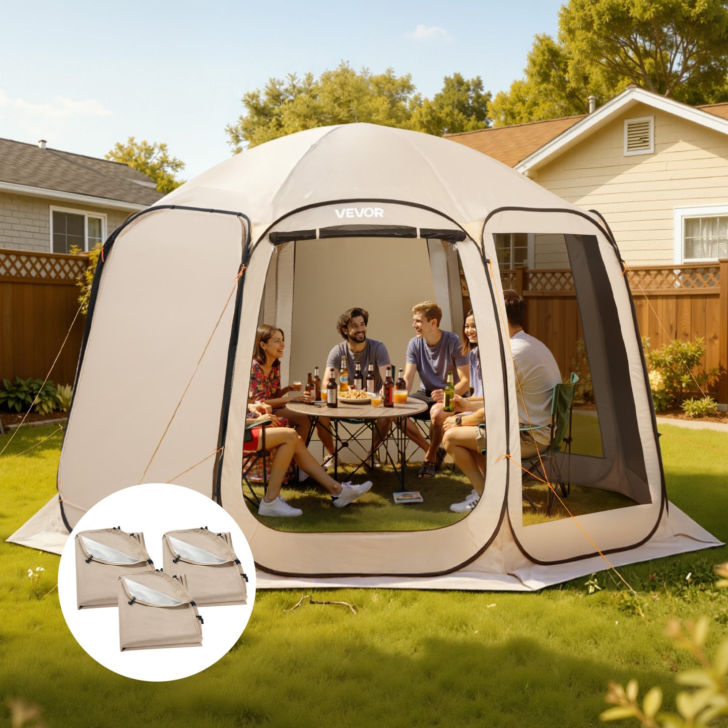 Sun Shade Sail Canopy Covers, Fit for 12 x 11 ft Screen House Tent, Sun Protection, 5.51 x 4.59 ft 300D Oxford Silver-Coated Fabric, Pack of 3 (Not Include Tent), for Outdoor Activities, Beige