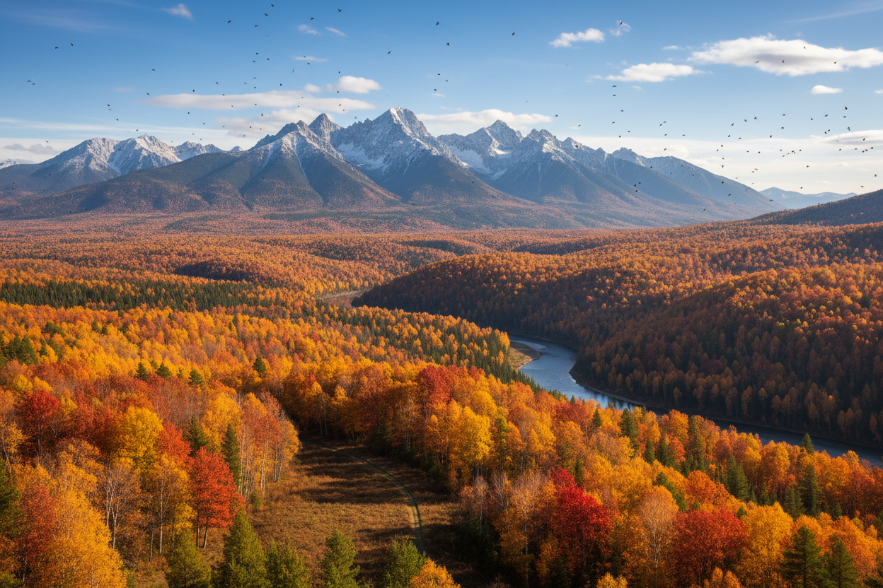 Fall outdoors with mountains and birds